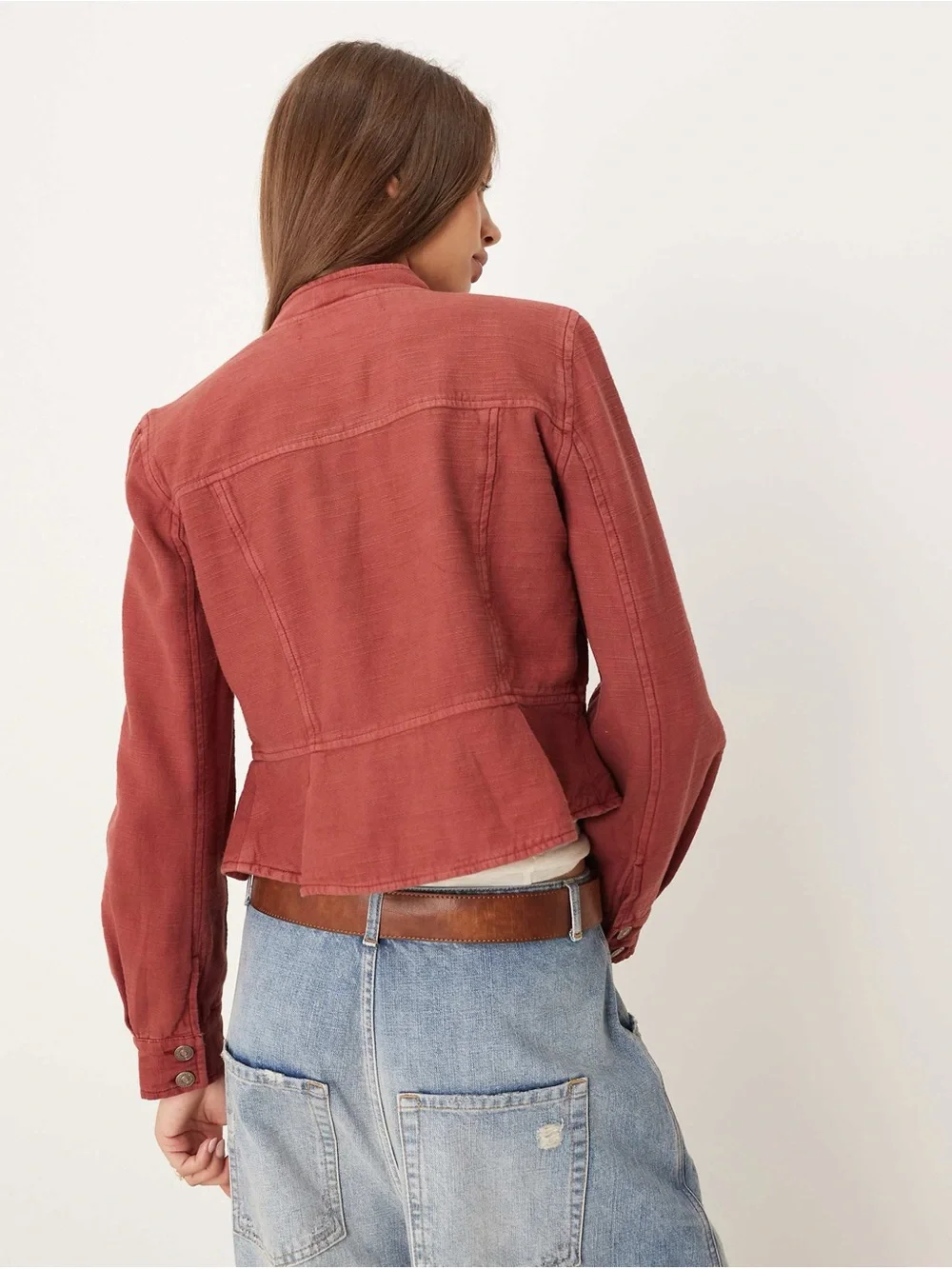 Free People Jocelyn Cotton Jacket M Women's Red Dahlia Peplum Coat - Picture 3 of 8